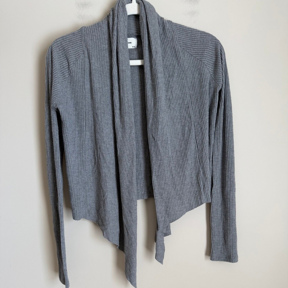 Joah Brown Cropped Cardigan Women One Size Grey Ribbed Draped Open Front